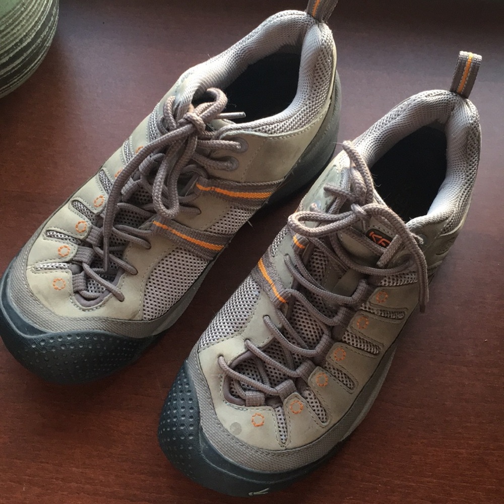 Green and tan Keen shoes